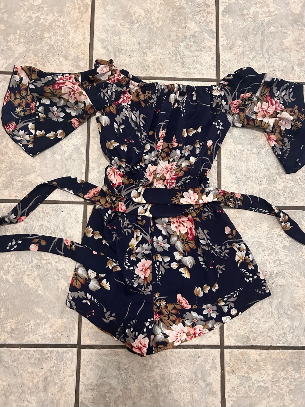 SHEIN Navy Floral Off-Shoulder Belted Romper